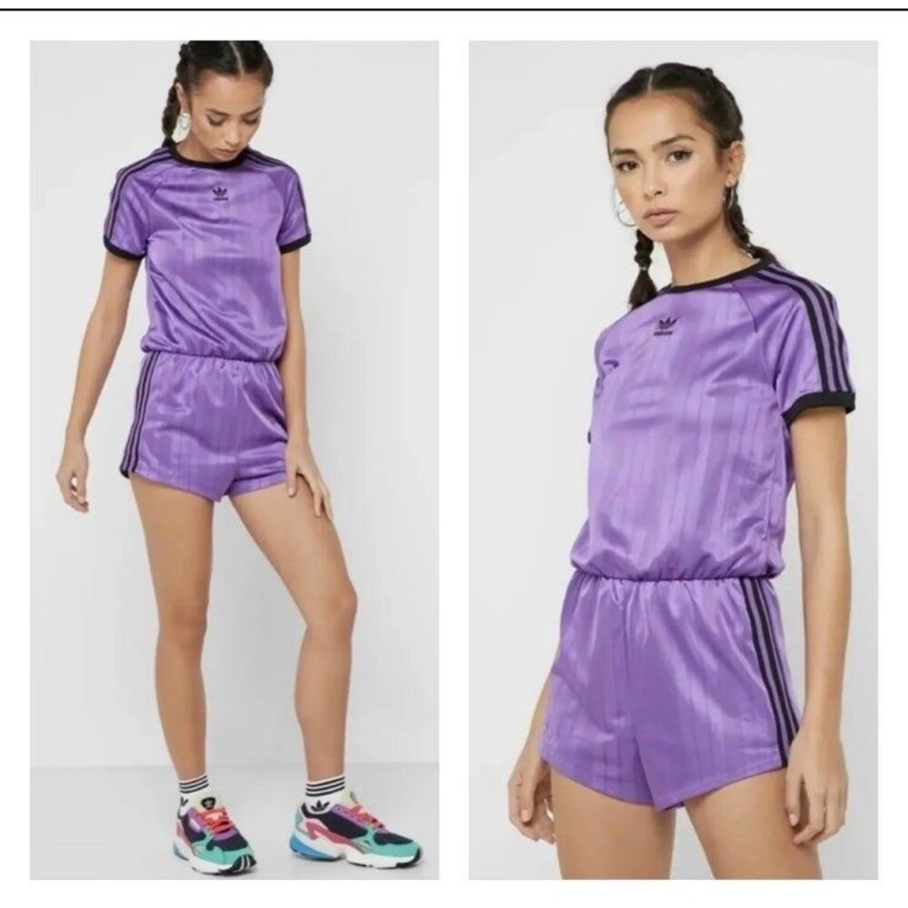 Adidas Purple With Black Three Stripes Short Sleeve Romper/Jumpsuit Size M